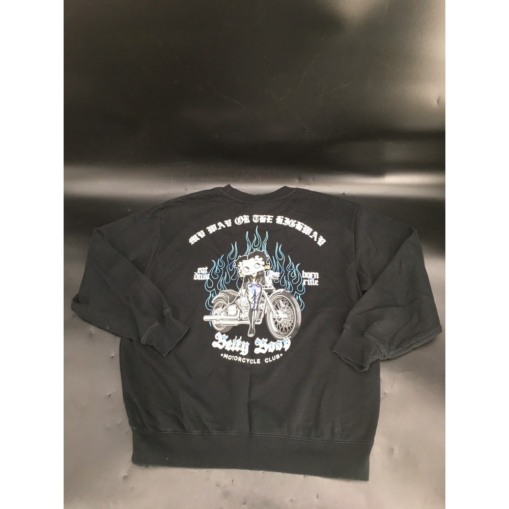Betty Boop Blue‎ Flames Motorcycle Crew Neck Sweatshirt Men's XL